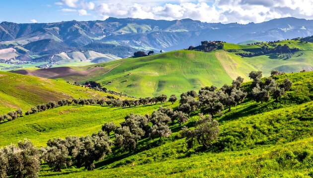 Rolling hills, vibrant green landscape