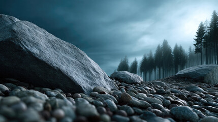 Large rock and smooth pebbles on misty forest landscape with dramatic sky, evoking calm and mystery