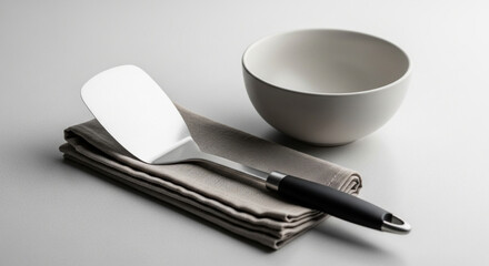 Sleek Metal Spatula and Neutral Ceramic Bowl on Folded Grey Cloth Minimalist Kitchen Utensils