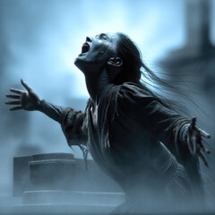 Terrifying ghostly figure screams in misty graveyard, dramatic expression, eerie blue lighting, supernatural horror scene, emotional intensity