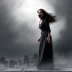 Terrifying ghostly figure with glowing eyes and open mouth stands in dark graveyard, wind blowing hair, creating haunting atmosphere