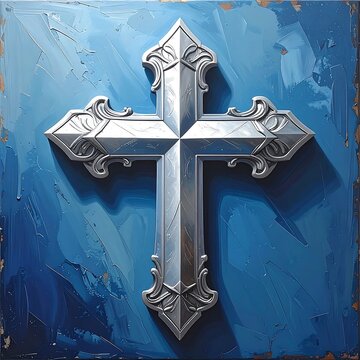 Ornate silver cross on textured blue background