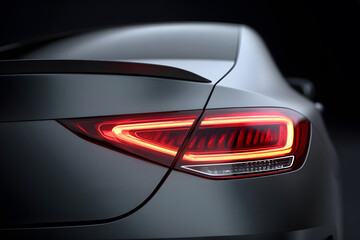 Obraz premium detailed shot of taillight from luxury grey car with glossy finish under moody lighting focusing on sleek curves lens reflection and modern automotive craftsmanship captured in dramatic closeup view