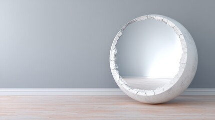 Unique round mirror with cracked edge reflecting light in modern, minimalistic interior design space