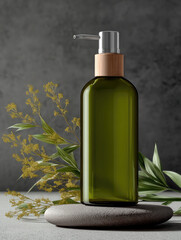 Green glass lotion bottle with wooden pump, natural leaves and yellow flowers, minimalistic spa skincare concept, calm and elegant mood