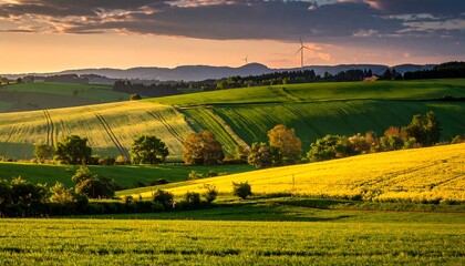 Rolling hills, vibrant sunset