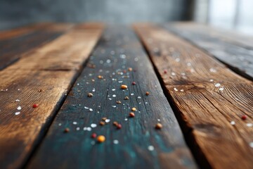 Macro Close Up Of Dark Wooden Textured Surface With Salt And Spices Scattered Across The Surface With Selective Focus And Shallow Depth Of Field