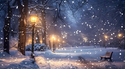 Romantic snowy street view with glowing lanterns and snow-covered ground at night