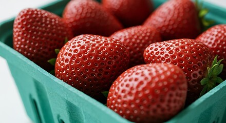 Fresh red strawberries in a green basket close up shot copy space