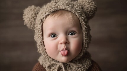 Adorable baby with stunning blue eyes playfully sticking out tongue while wearing cozy bear hat, perfect for baby announcements, cute campaigns, or heartwarming family stories