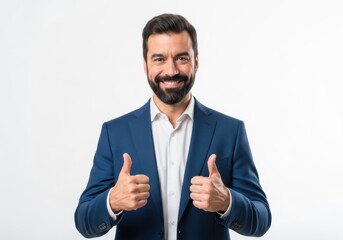 Smiling businessman with beard giving two thumbs up gesture isolated on white background