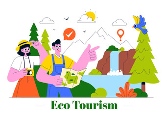 Eco Tourism Travel Destination Illustration Featuring Nature Tourism for Environmental Conservation, Local Culture, and Community Empowerment