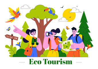 Naklejka premium Eco Tourism Travel Destination Illustration Featuring Nature Tourism for Environmental Conservation, Local Culture, and Community Empowerment
