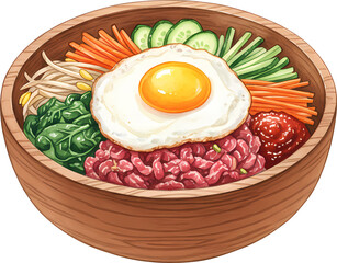 Korean Raw Beef Bibimbap with Fresh Colorful Vegetables and Yolk Illustration