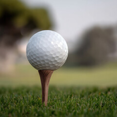 White golf ball on wooden tee in green grass, outdoor golf course, close up, natural light, focus on ball, calm atmosphere