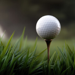 White golf ball on wooden tee surrounded by green grass, outdoor sports equipment, focus on texture and natural environment