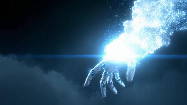 Exploring the Convergence of Humanity and Technology: A Futuristic Robotic Hand Releasing a Cosmic Cloud of Digital Particles into the Ether, Symbolizing Innovation and the Future of Human-Machine