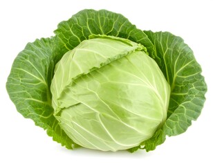 Obraz premium A whole, light-green cabbage, with vibrant green outer leaves, sits on a white background