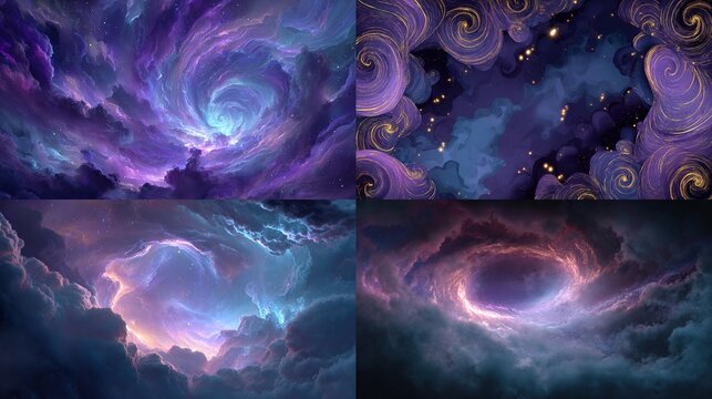 Four swirling abstract backgrounds, ethereal clouds of purple, blue, and pink with gold highlights
