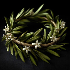 Olive wreath with white flowers, green leaves, natural texture, Hellenistic style, symbol of victory, elegant and classic