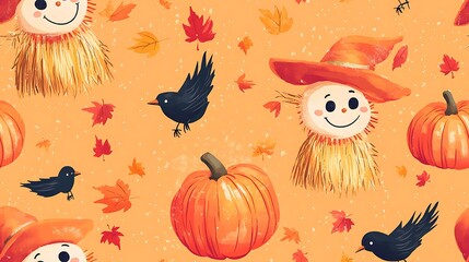 A seamless vector pattern featuring cute scarecrows with button eyes and stitched smiles, round pumpkins, hay bales, and small crows perched on top,