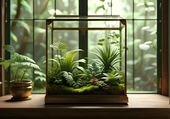 there is a glass terrarium with plants in it on a window sill