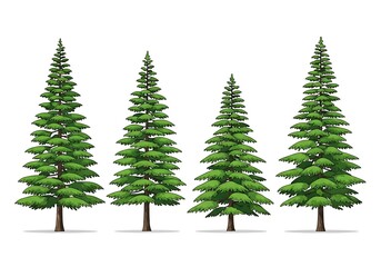 Obraz premium Illustration of Four Vibrant Green Coniferous Trees Isolated on a Pure White Background