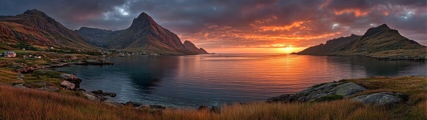 Fototapeta premium Dramatic sunset over tranquil bay coastal landscape hdr panoramic view