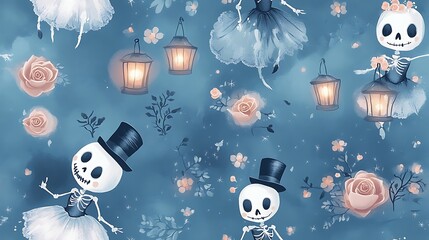 Cute seamless pattern of skeletal dancers in top hats and dresses, surrounded by glowing lanterns and clusters of soft roses, all floating over a dusty blue-purple background.