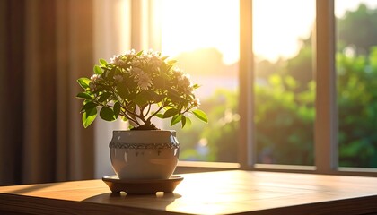Sunlit potted plant on wooden surface near window