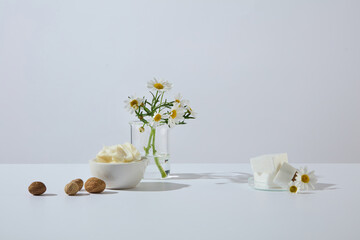 Arrangement of shea butter chunks, chamomile blossoms, and shea nuts captured in soft light, symbolizing organic beauty ingredients for skin and hair care. Front view, space for design