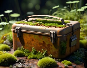 there is an old suitcase with moss growing on top of it