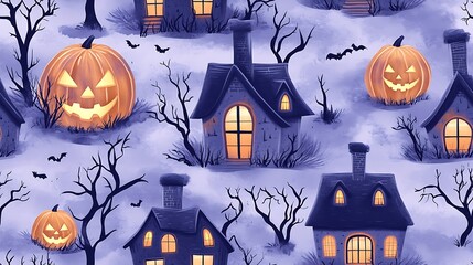 Repeating seamless pattern of cozy haunted cottages with bat-shaped chimneys, glowing pumpkins with big eyes, eerie trees with twisted branches, and light fog overlays on a lavender background.