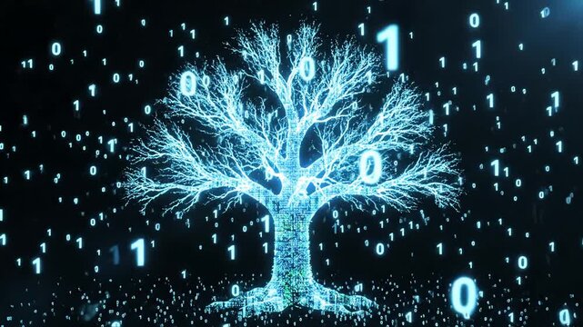 A vibrant, glowing digital tree symbolizes growth and connectivity, depicted with floating binary code against a dark, minimalist background, using cinematic lighting to convey a futuristic and