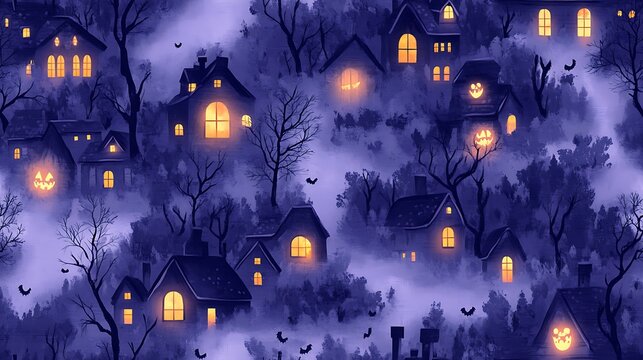 Repeating seamless pattern of cozy haunted cottages with bat-shaped chimneys, glowing pumpkins with big eyes, eerie trees with twisted branches, and light fog overlays on a lavender background.