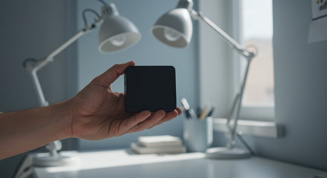 Professional holding a powerful, ultra-compact mini PC with multiple ports and a minimalist design on a desk.Concept of compact computing and professional workspace.