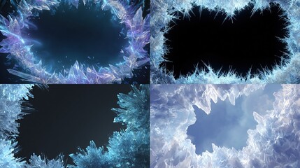 Sparkling crystal frame. Circular openings, dark or bright, formed by shards of ice