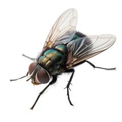 Close up macro shot of a common green bottle fly insect with iridescent body isolated on black background isolated on white background isolated on transparent background