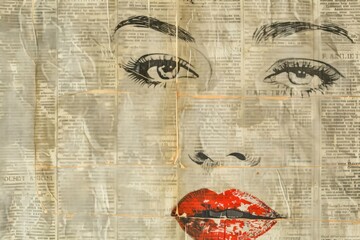 Woman lipstick face ephemera border newspaper text backgrounds.