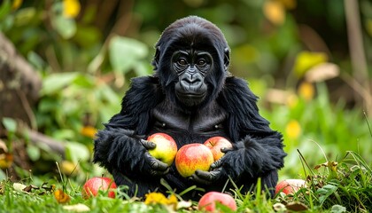 Baby gorilla with apples