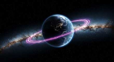 Obraz premium Digitally enhanced earth with ring and galaxy background in space