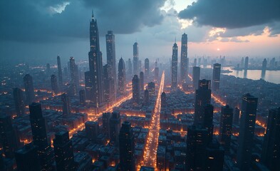 Fototapeta premium An expansive, futuristic city skyline at twilight. Towering skyscrapers glow with warm lights along a busy urban thoroughfare, overlooking a distant bay.
