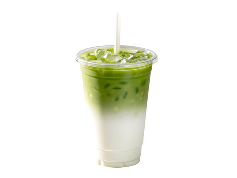 Refreshing iced matcha latte with milk and ice in a clear plastic cup with straw isolated on transparent background isolated on white background