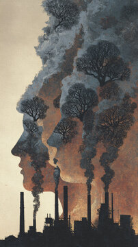 Double exposure silhouette tree smoke pollution factory industrial environmental nature profile concept art emotional