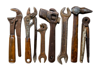 Group of old tools isolated on transparent or white background