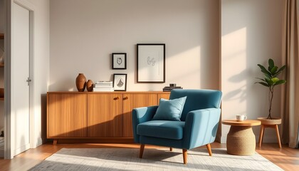 A cozy lounge with soft blue velvet chairs, a wooden cabinet filled with decorative items, and sunlight reflecting through the windows, a modern minimalist design.