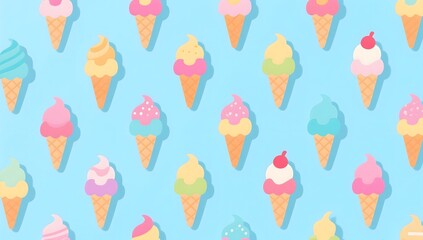 Colorful Ice Cream Cones Pattern on Blue Background for Summer Fun