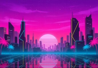Synthetica city horizon under vibrant skies with a retro future feel