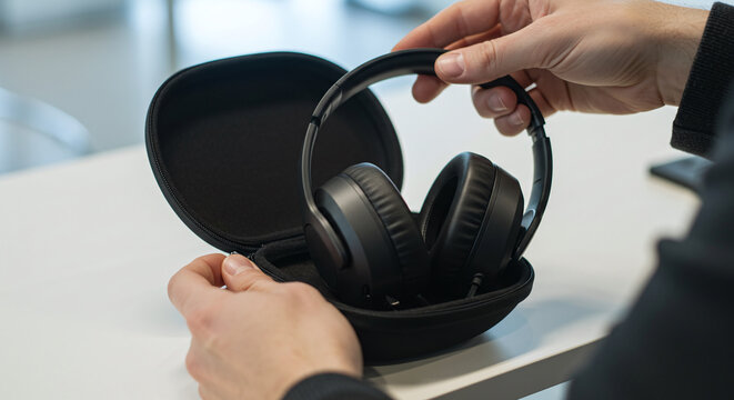 A business professional is handling a pair of wireless headphones and their protective travel case. Concept of a professional audio accessory for business. - Powered by Adobe