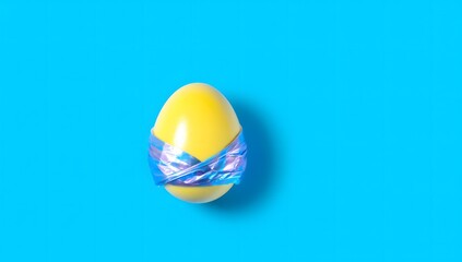 Bright Yellow Egg Wrapped with Colorful Tape on Blue Background